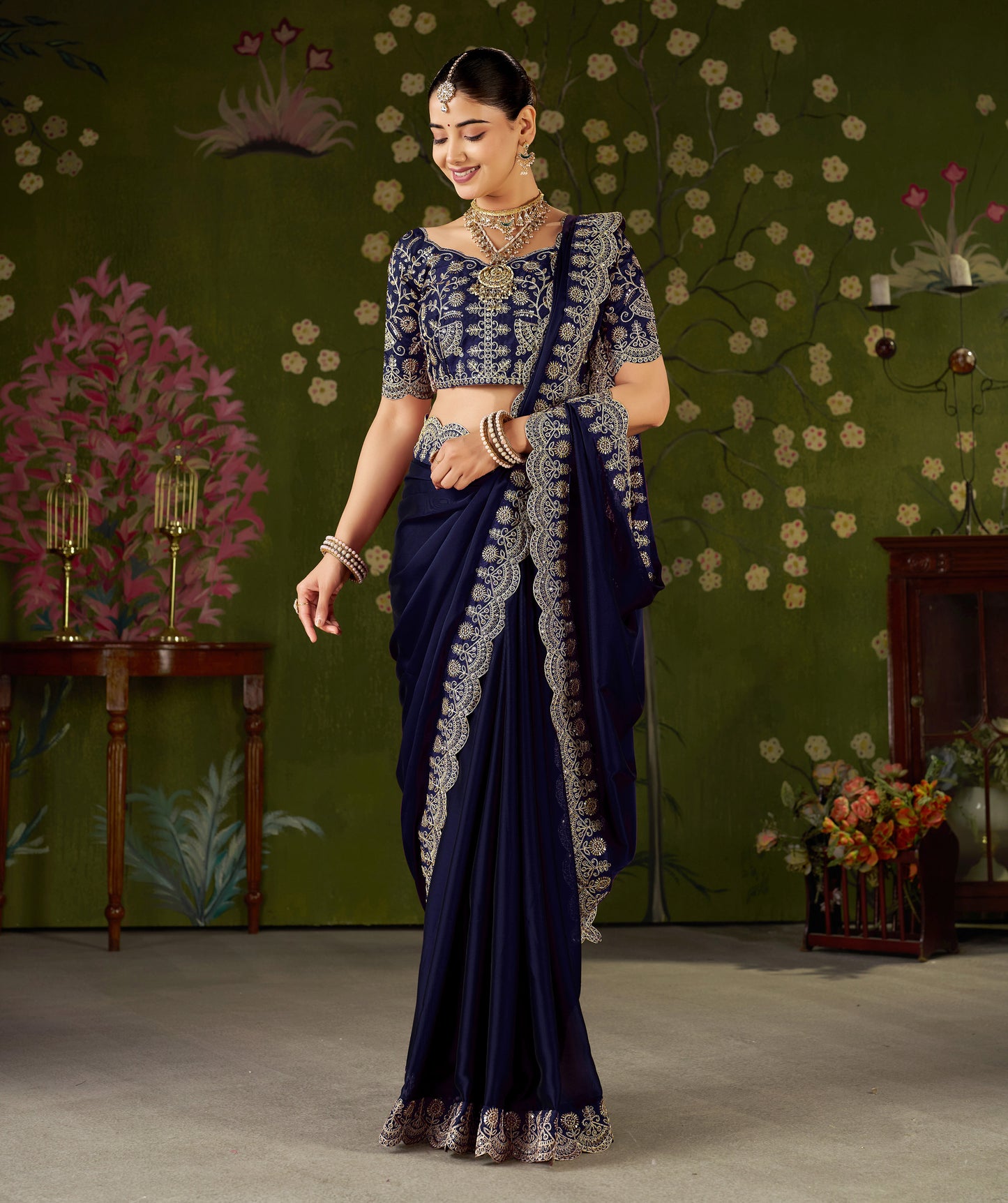 Navy Blue Rangoli Silk Saree with Embroidered Designer Blouse Piece