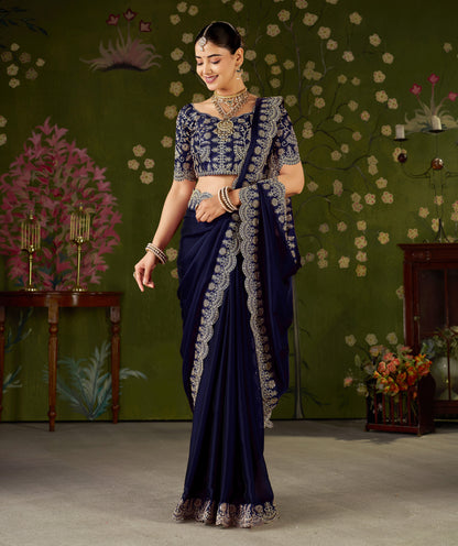 Navy Blue Rangoli Silk Saree with Embroidered Designer Blouse Piece