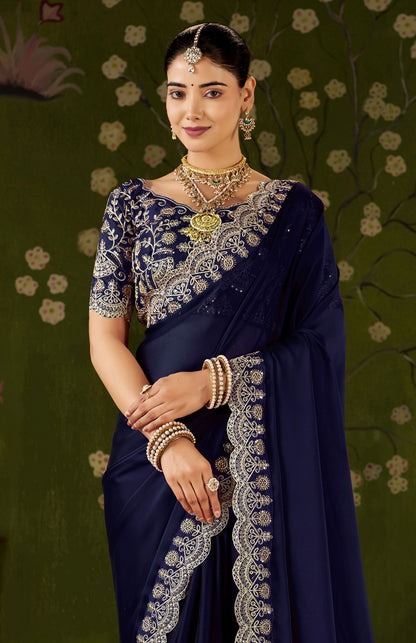 Navy Blue Rangoli Silk Saree with Embroidered Designer Blouse Piece