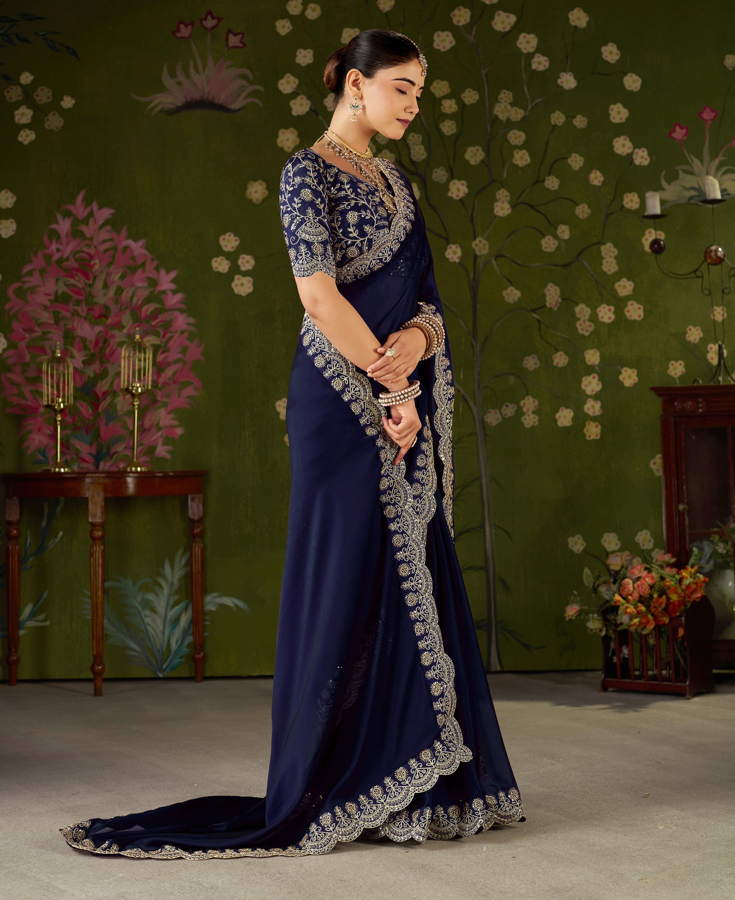 Navy Blue Rangoli Silk Saree with Embroidered Designer Blouse Piece