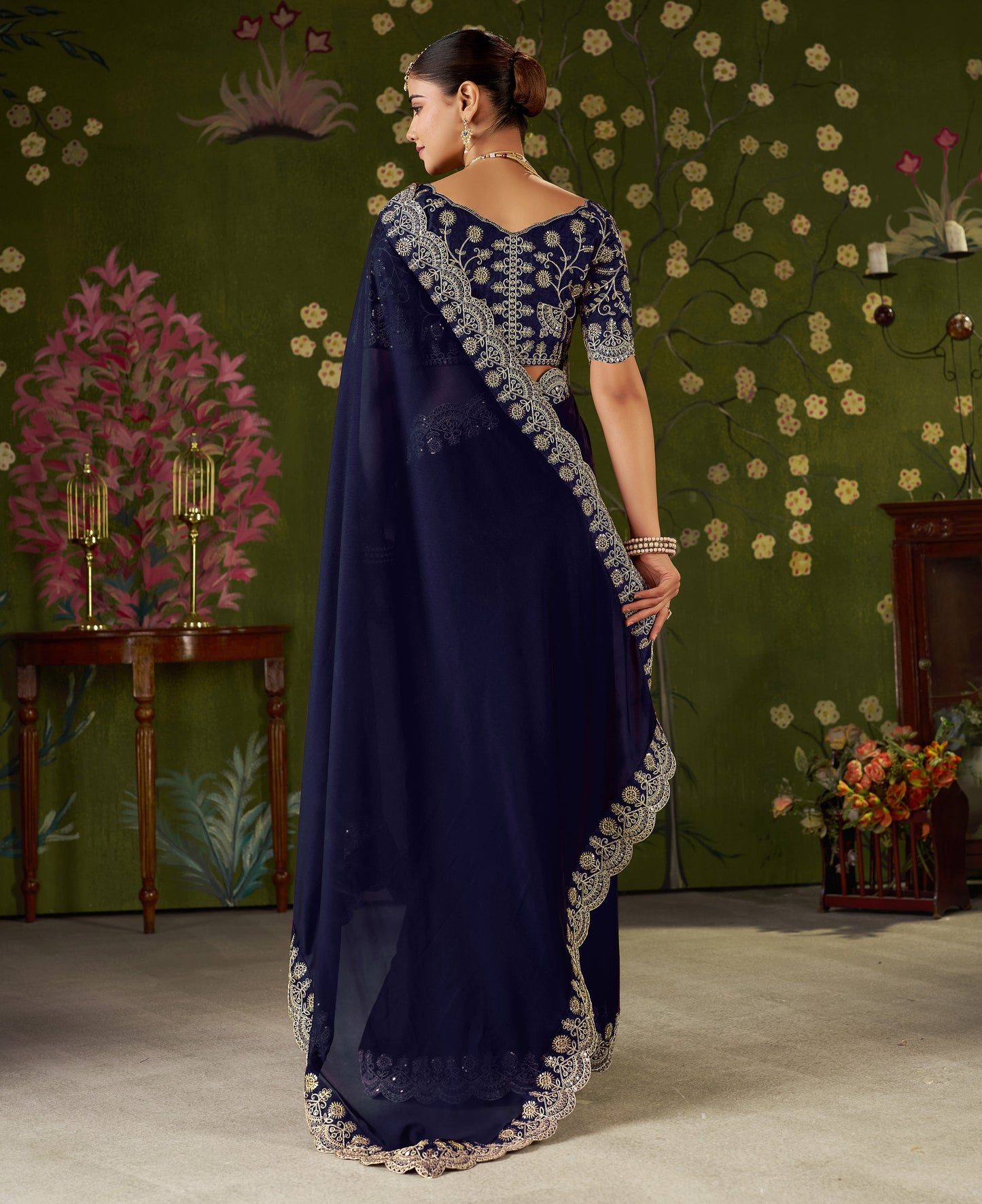 Navy Blue Rangoli Silk Saree with Embroidered Designer Blouse Piece