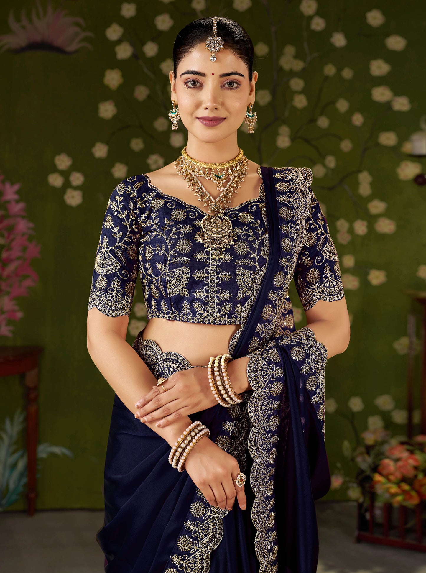 Navy Blue Rangoli Silk Saree with Embroidered Designer Blouse Piece
