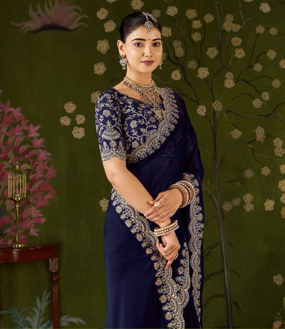 Navy Blue Rangoli Silk Saree with Embroidered Designer Blouse Piece