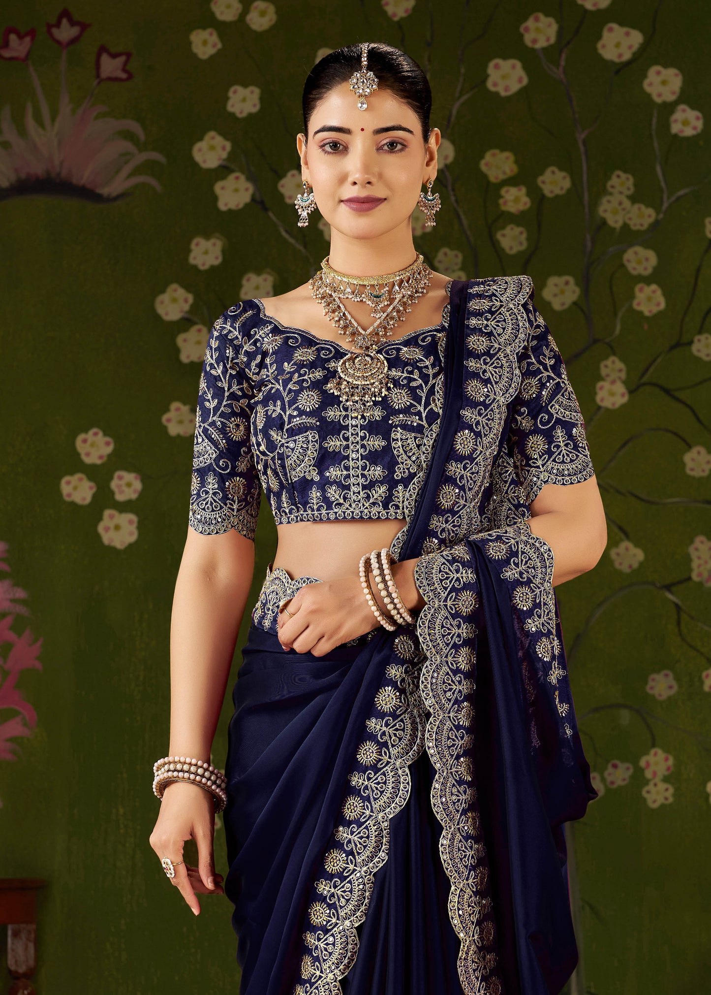Navy Blue Rangoli Silk Saree with Embroidered Designer Blouse Piece