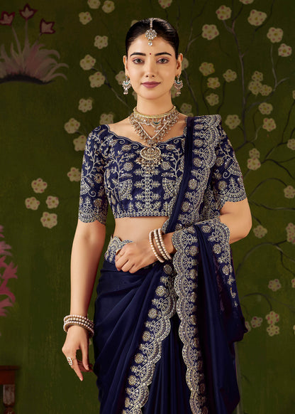 Navy Blue Rangoli Silk Saree with Embroidered Designer Blouse Piece