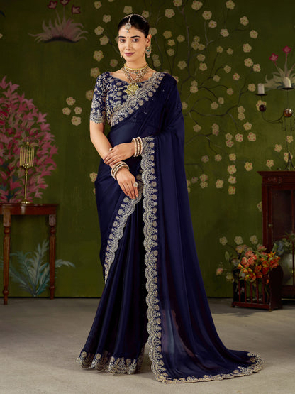 Navy Blue Rangoli Silk Saree with Embroidered Designer Blouse Piece