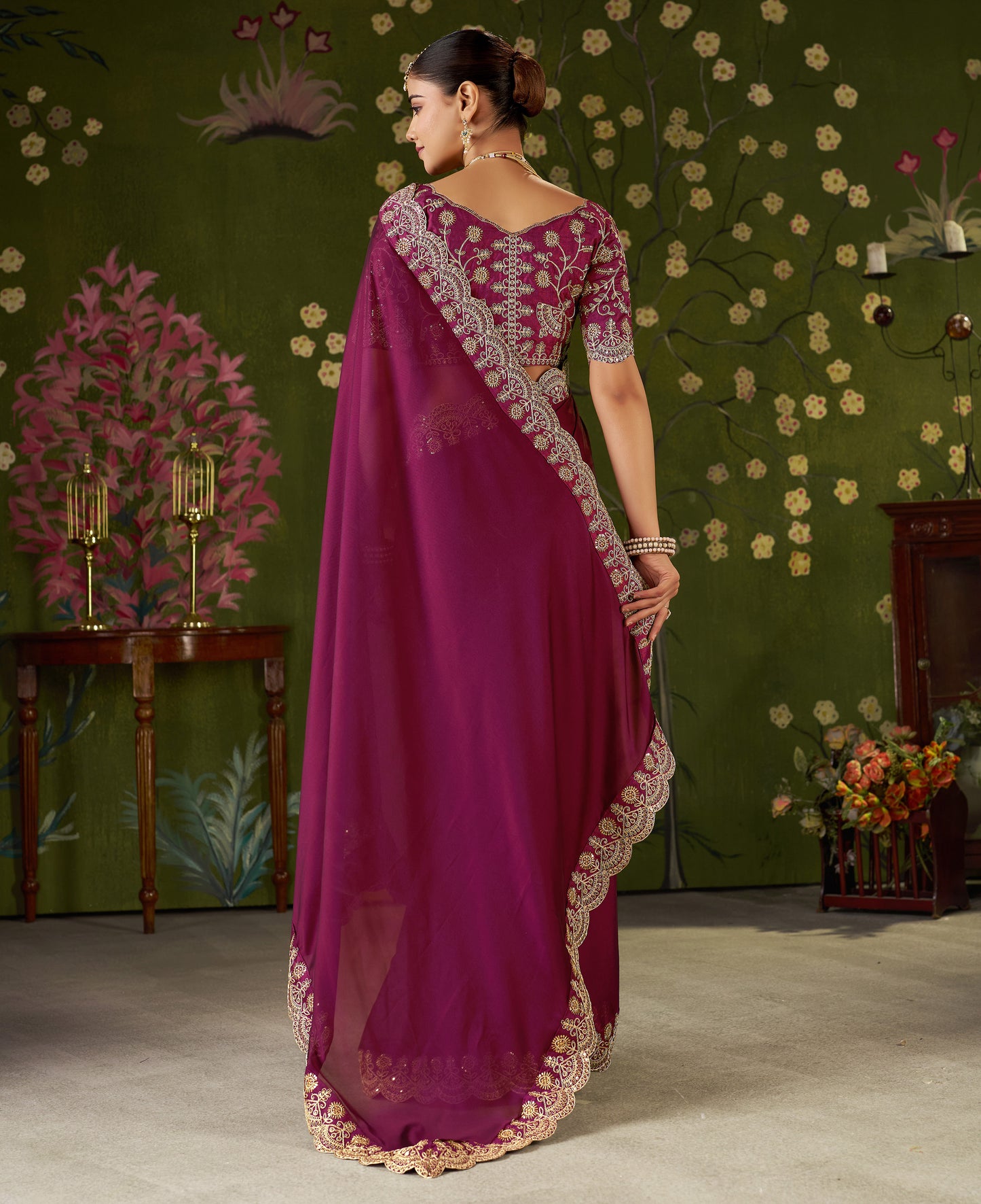 Pink Rangoli Silk Saree with Embroidered Designer Blouse Piece