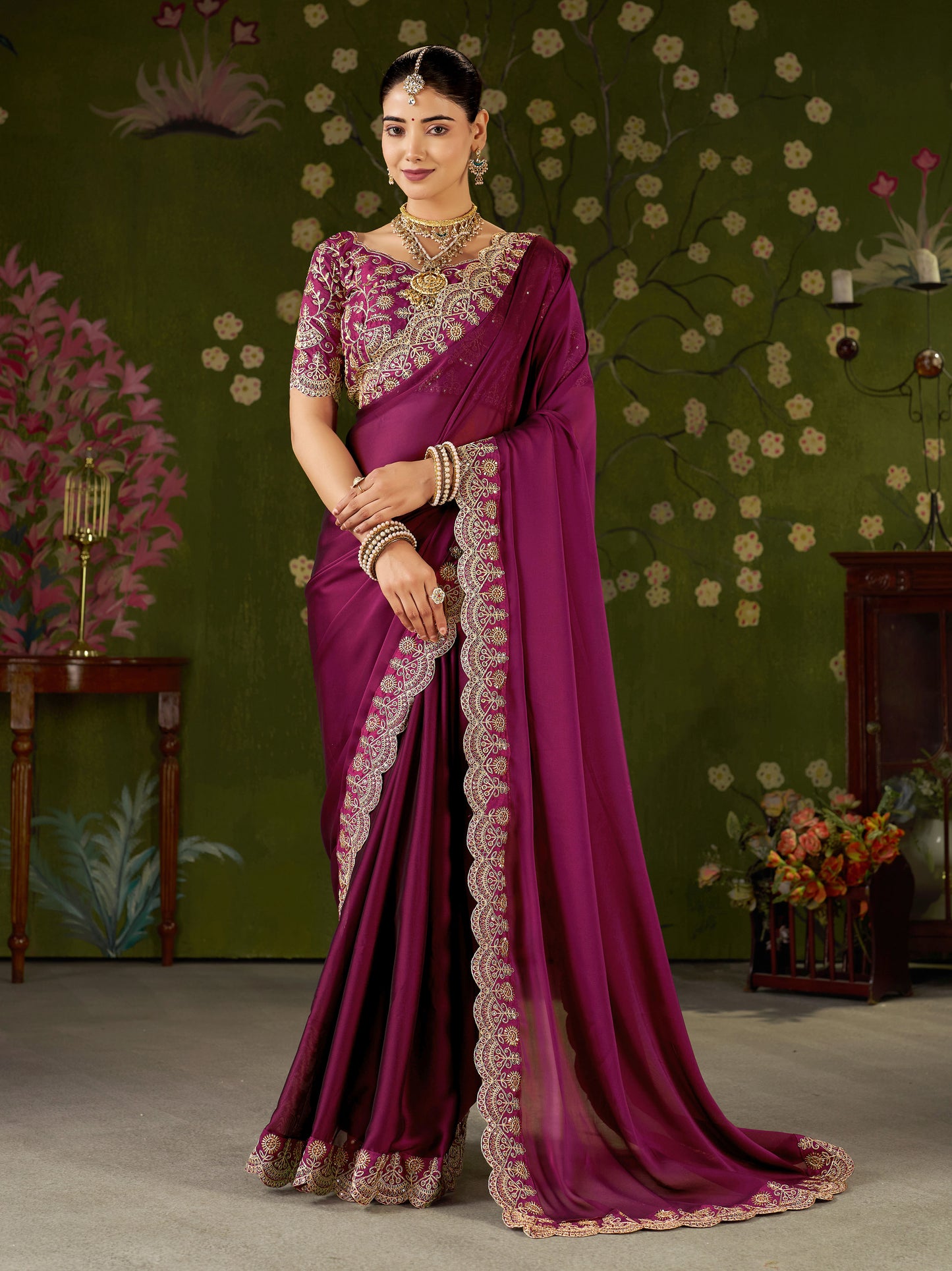 Pink Rangoli Silk Saree with Embroidered Designer Blouse Piece