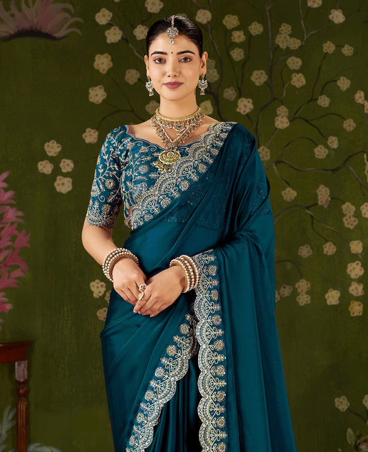 Rama Green Rangoli Silk Saree with Embroidered Designer Blouse Piece