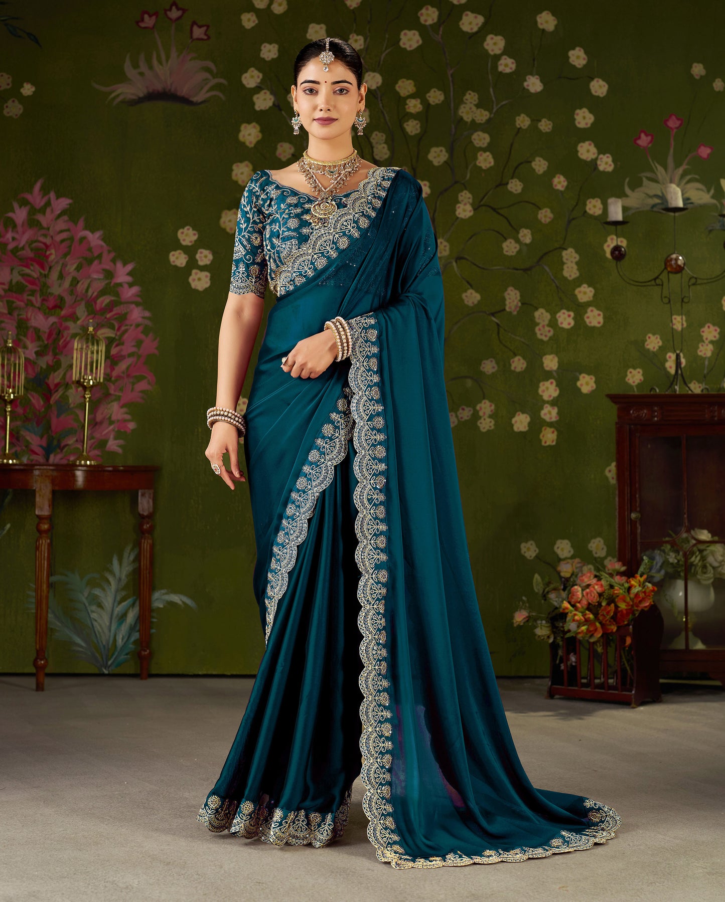 Rama Green Rangoli Silk Saree with Embroidered Designer Blouse Piece