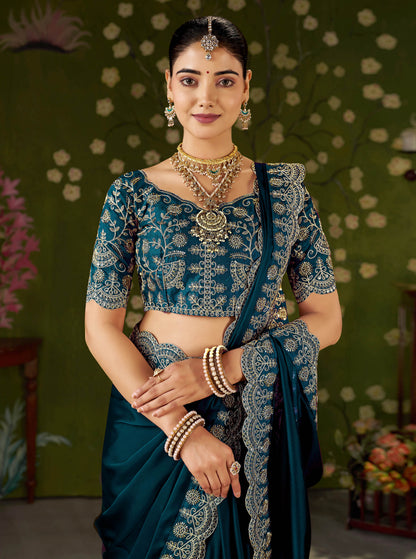 Rama Green Rangoli Silk Saree with Embroidered Designer Blouse Piece