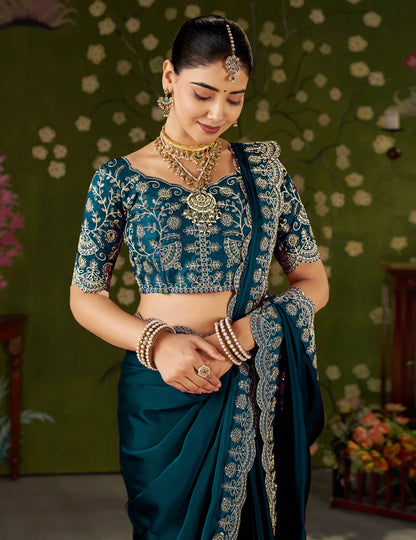 Rama Green Rangoli Silk Saree with Embroidered Designer Blouse Piece