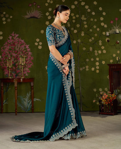 Rama Green Rangoli Silk Saree with Embroidered Designer Blouse Piece