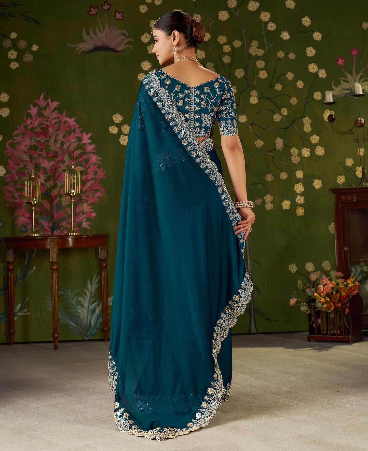 Rama Green Rangoli Silk Saree with Embroidered Designer Blouse Piece