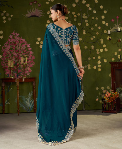 Rama Green Rangoli Silk Saree with Embroidered Designer Blouse Piece