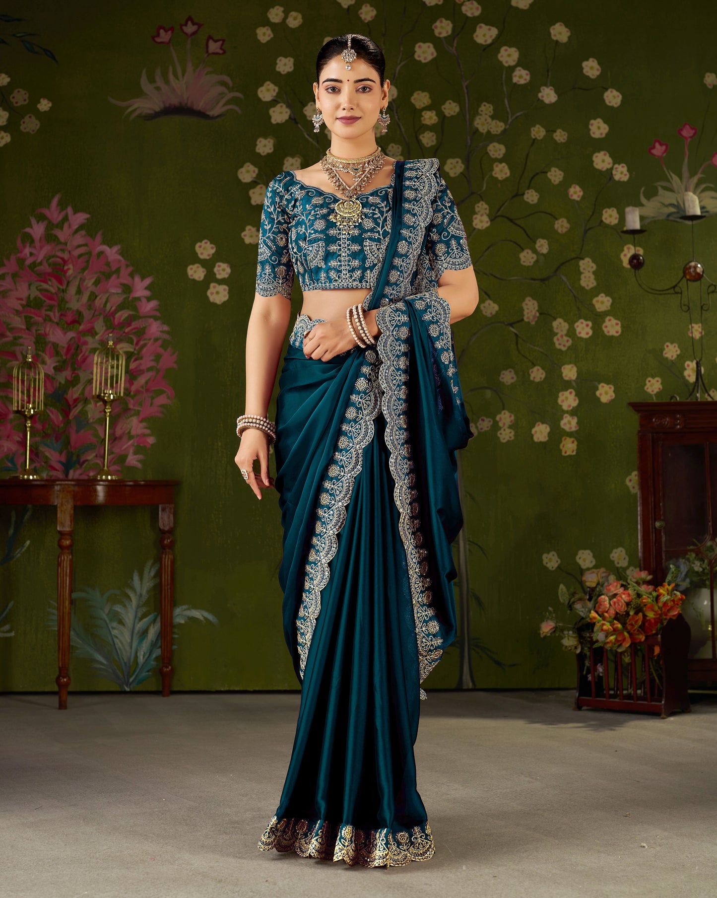 Rama Green Rangoli Silk Saree with Embroidered Designer Blouse Piece