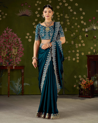 Rama Green Rangoli Silk Saree with Embroidered Designer Blouse Piece