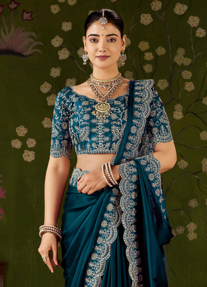 Rama Green Rangoli Silk Saree with Embroidered Designer Blouse Piece