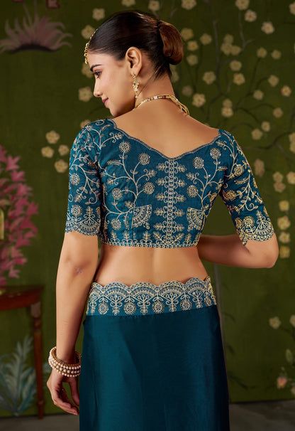Rama Green Rangoli Silk Saree with Embroidered Designer Blouse Piece