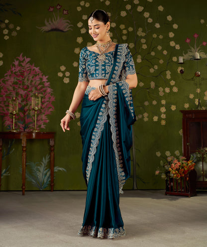 Rama Green Rangoli Silk Saree with Embroidered Designer Blouse Piece