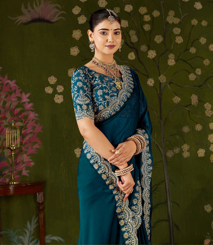 Rama Green Rangoli Silk Saree with Embroidered Designer Blouse Piece