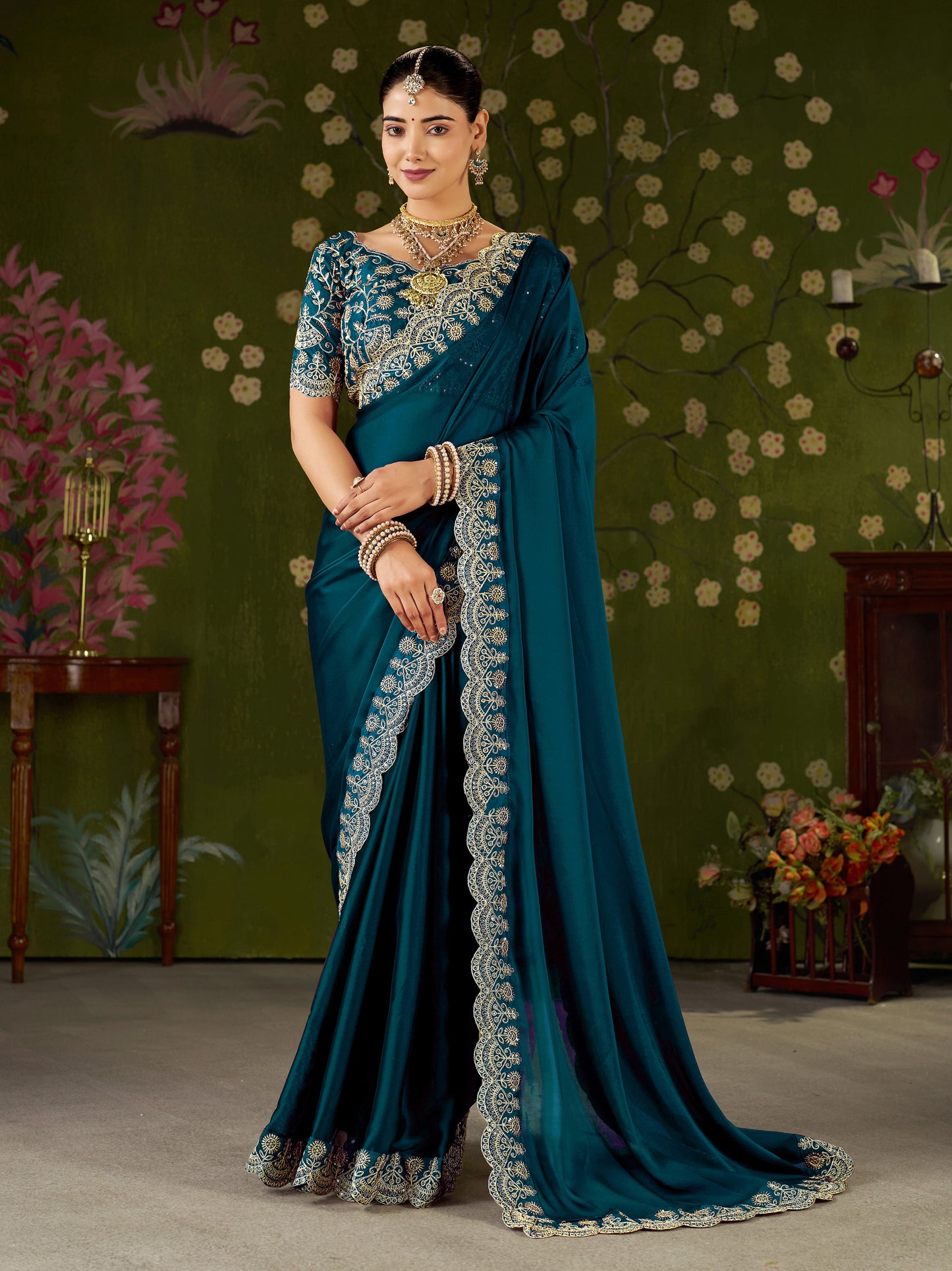 Rama Green Rangoli Silk Saree with Embroidered Designer Blouse Piece
