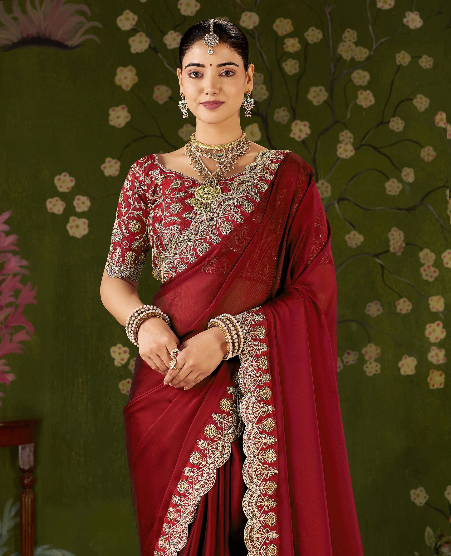 Red Rangoli Silk Saree with Embroidered Designer Blouse Piece