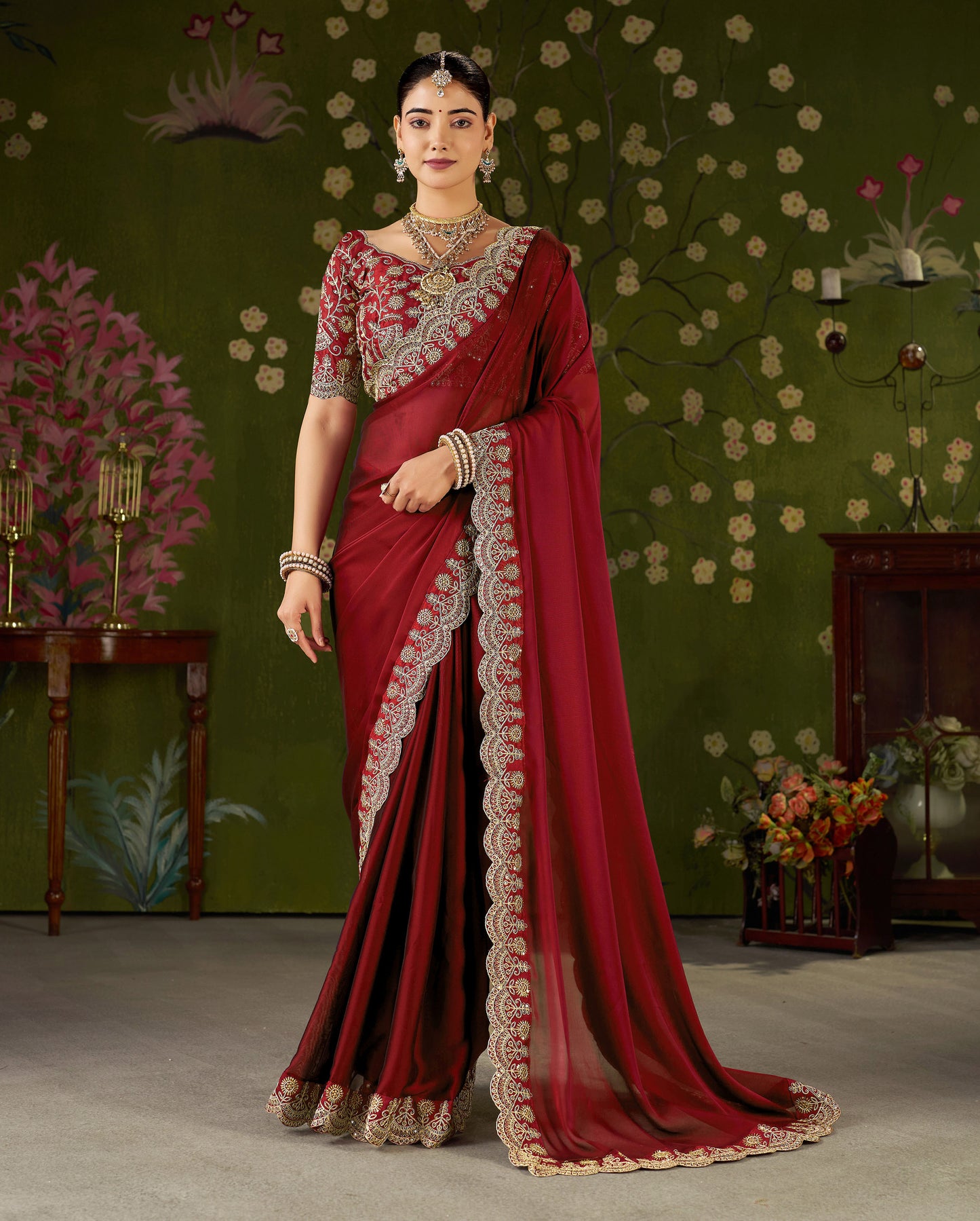 Red Rangoli Silk Saree with Embroidered Designer Blouse Piece