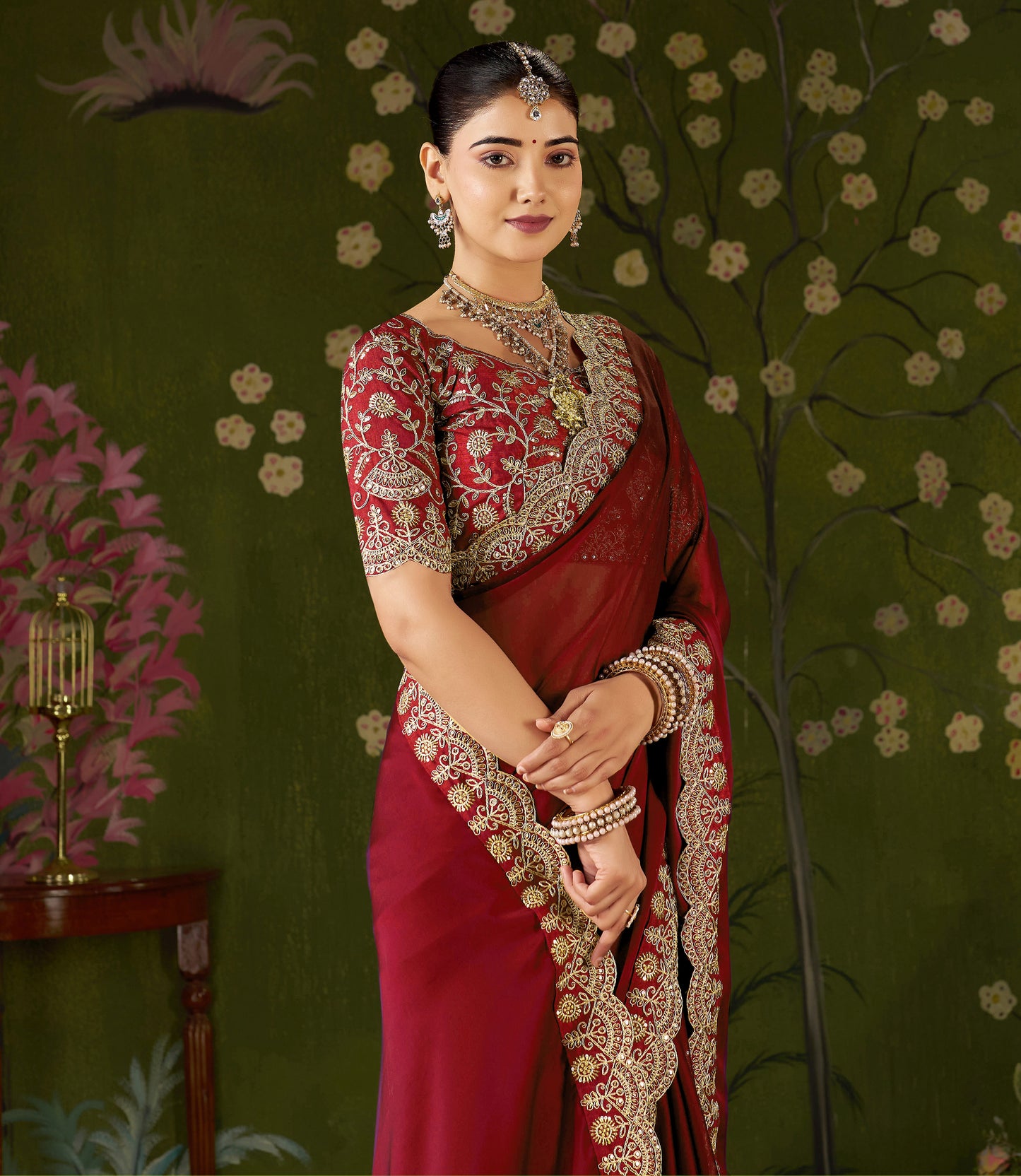 Red Rangoli Silk Saree with Embroidered Designer Blouse Piece