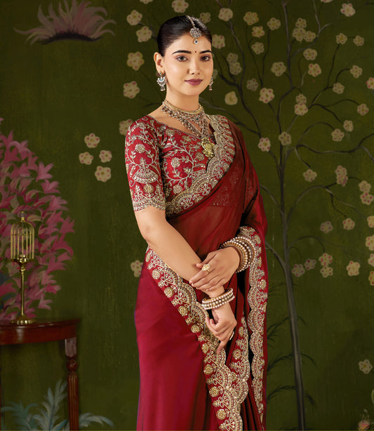 Red Rangoli Silk Saree with Embroidered Designer Blouse Piece