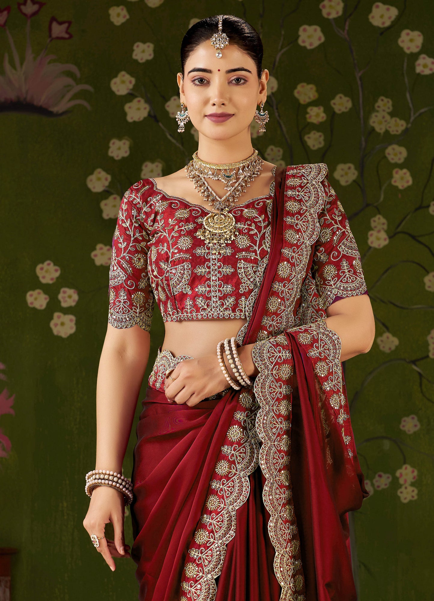 Red Rangoli Silk Saree with Embroidered Designer Blouse Piece