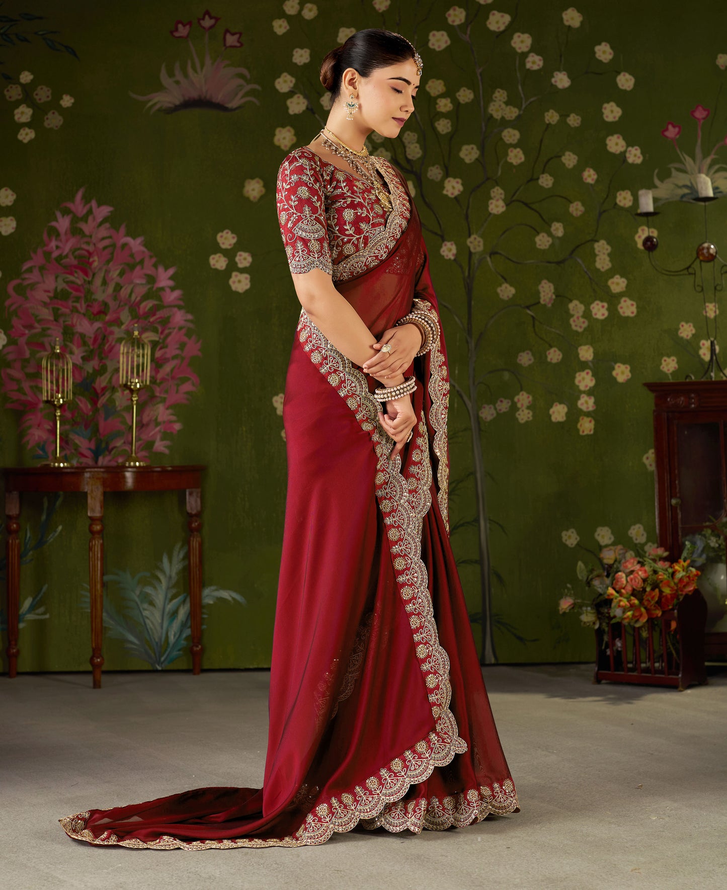 Red Rangoli Silk Saree with Embroidered Designer Blouse Piece