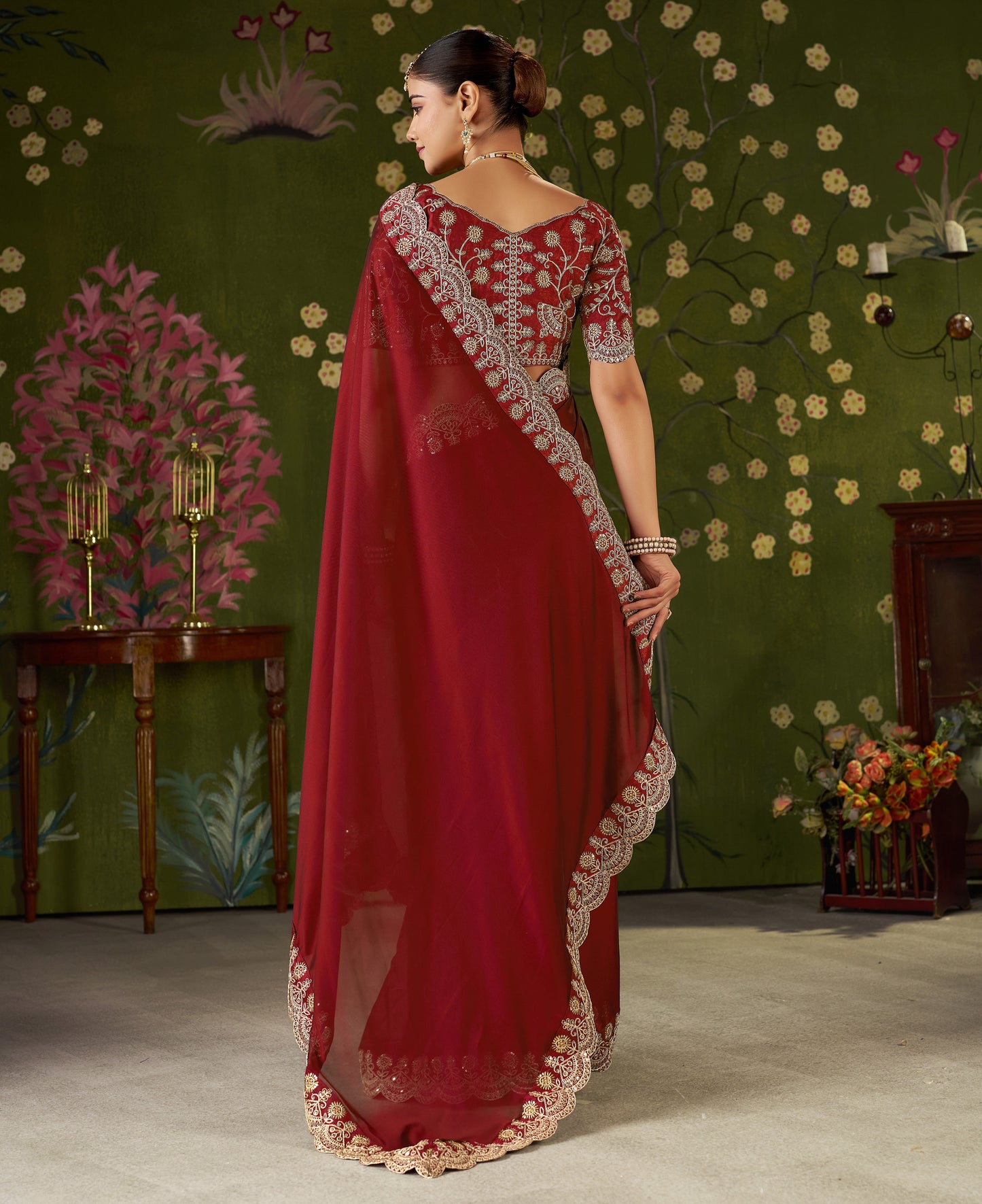 Red Rangoli Silk Saree with Embroidered Designer Blouse Piece