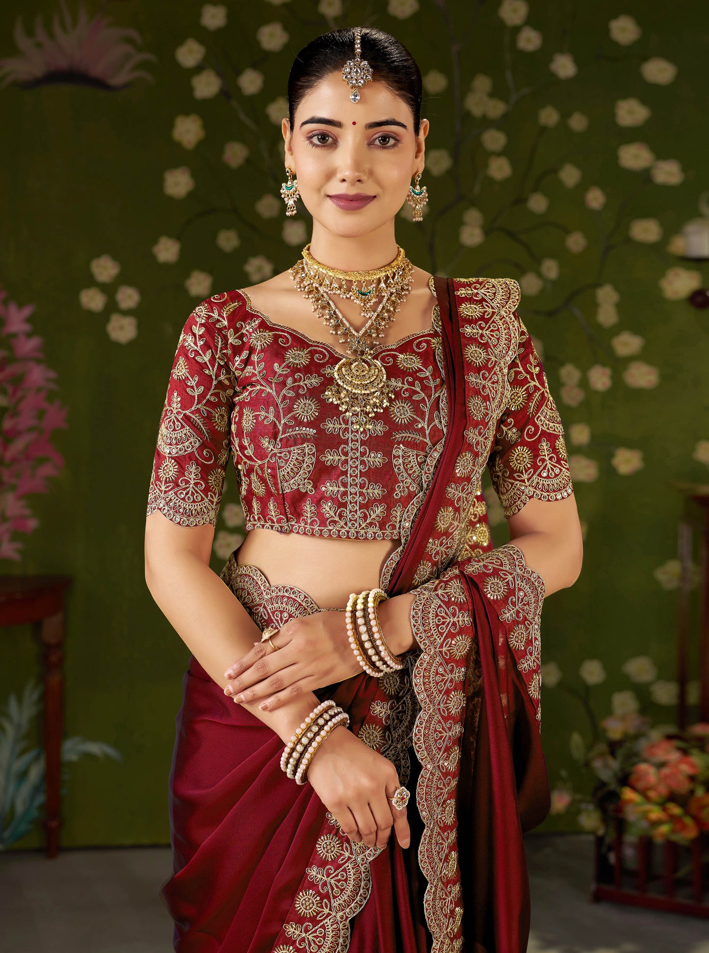 Red Rangoli Silk Saree with Embroidered Designer Blouse Piece