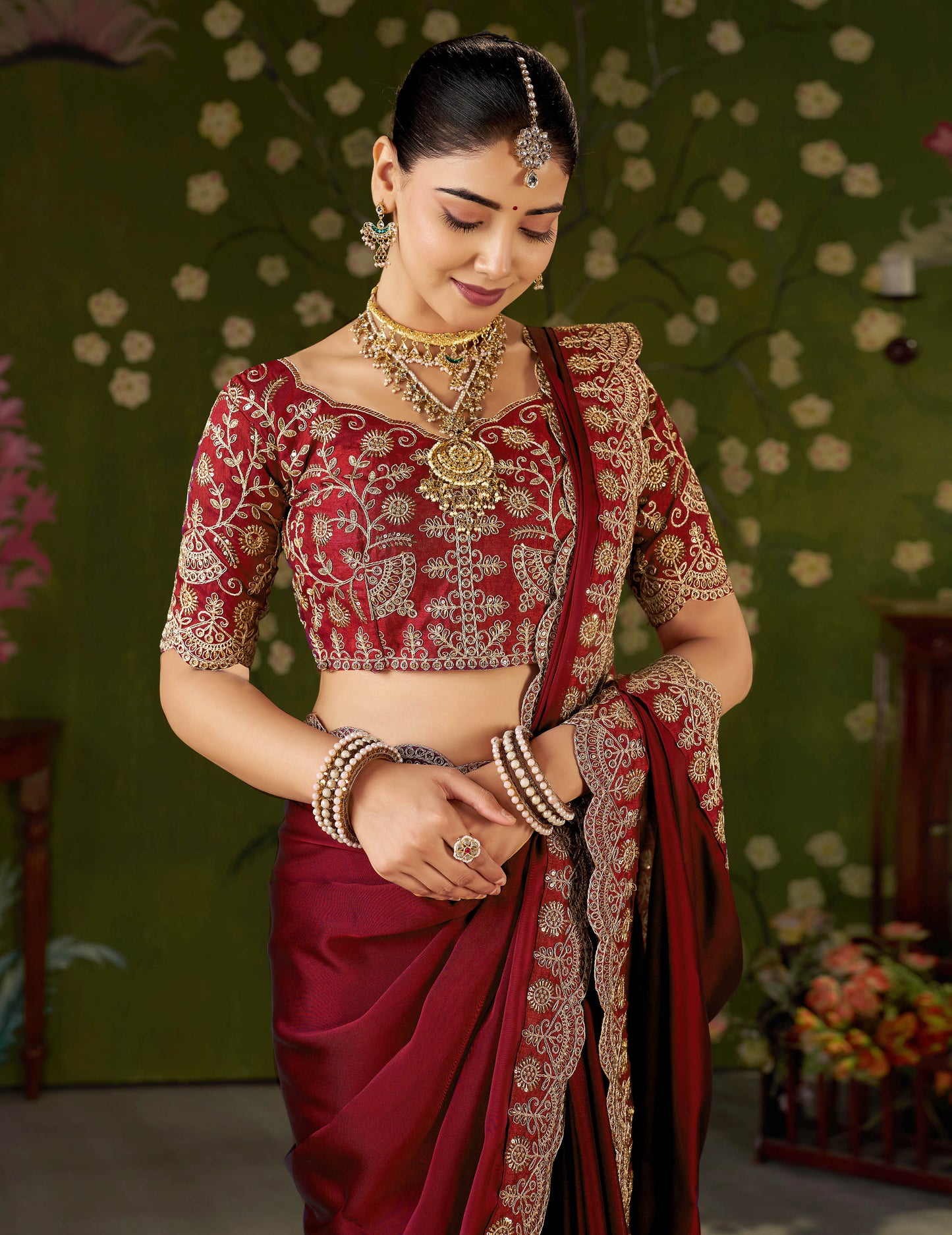 Red Rangoli Silk Saree with Embroidered Designer Blouse Piece