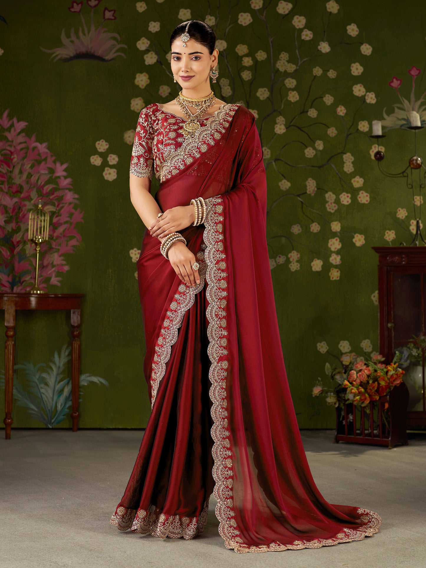 Red Rangoli Silk Saree with Embroidered Designer Blouse Piece