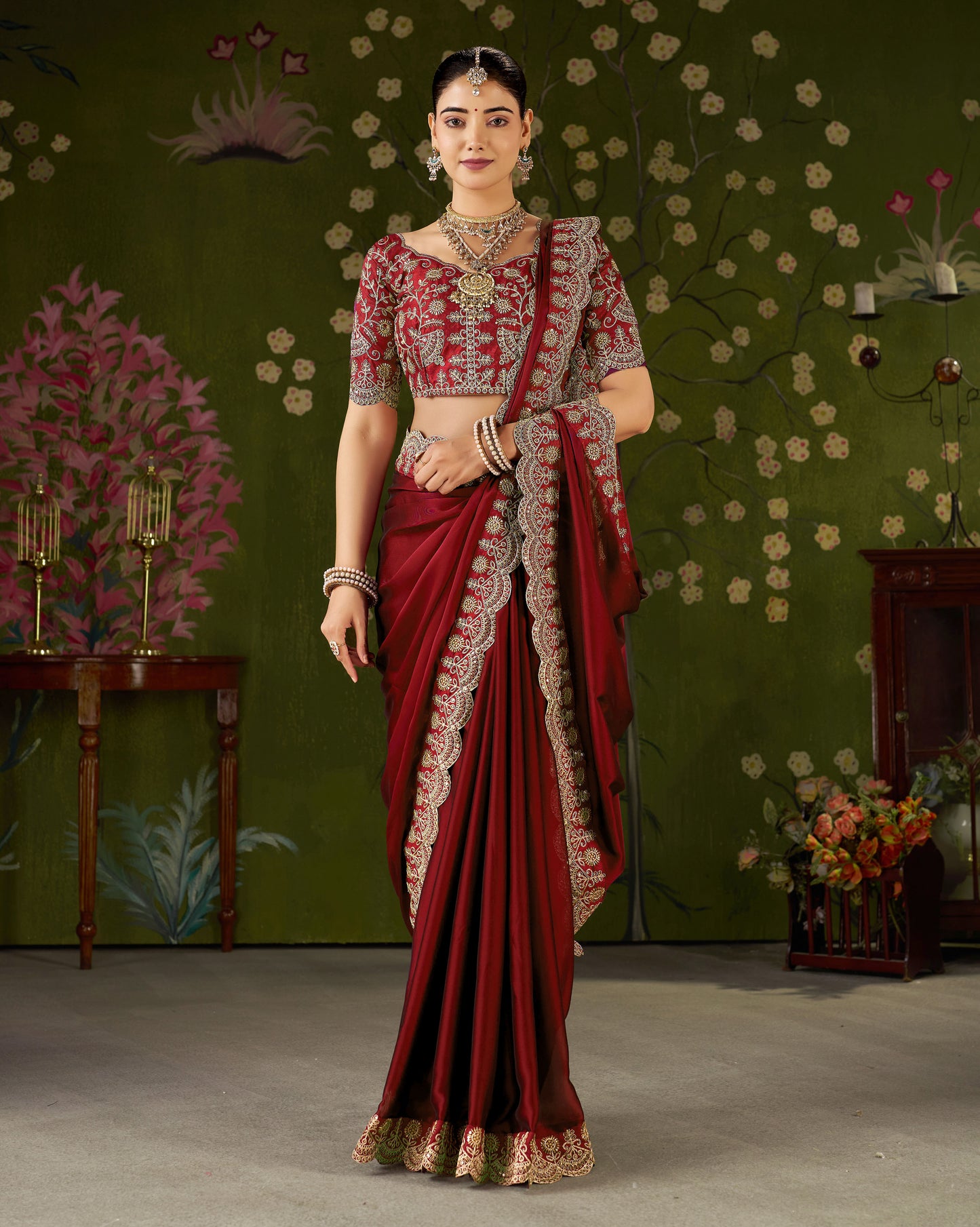 Red Rangoli Silk Saree with Embroidered Designer Blouse Piece