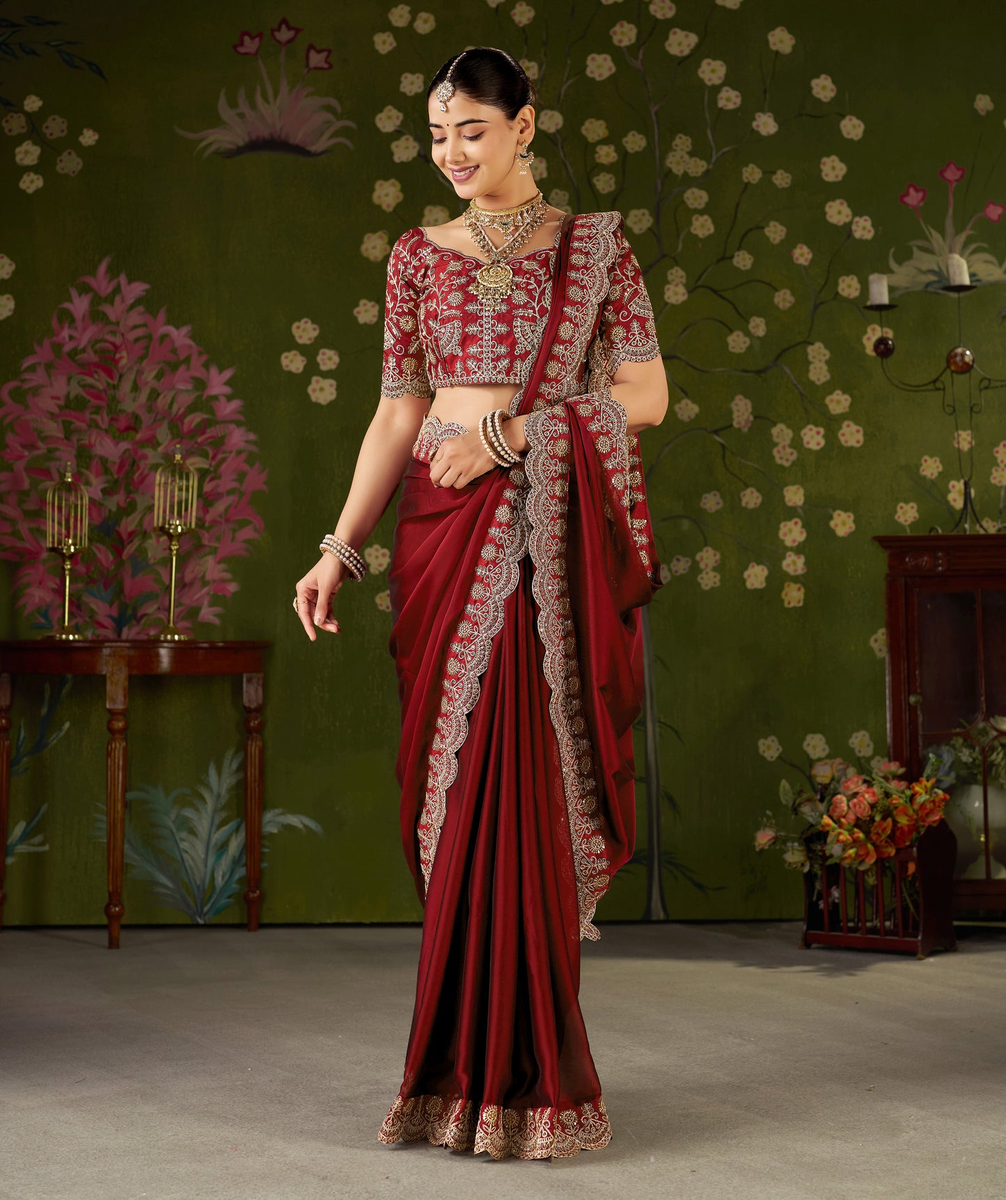 Red Rangoli Silk Saree with Embroidered Designer Blouse Piece