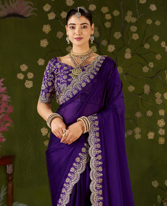 Violet Rangoli Silk Saree with Embroidered Designer Blouse Piece