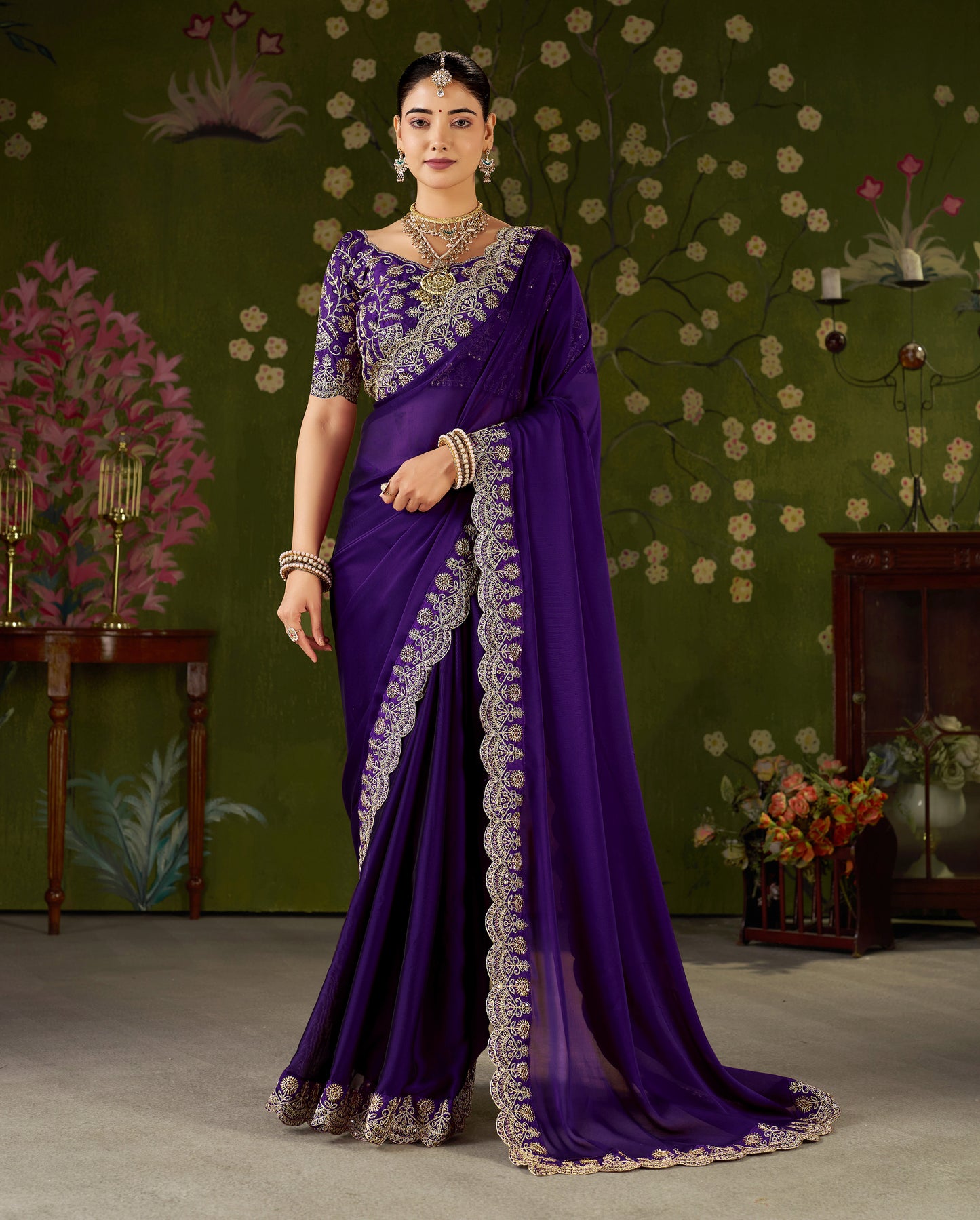 Violet Rangoli Silk Saree with Embroidered Designer Blouse Piece