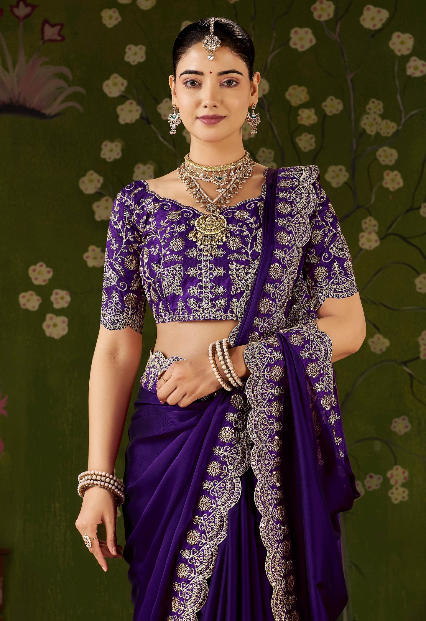 Violet Rangoli Silk Saree with Embroidered Designer Blouse Piece