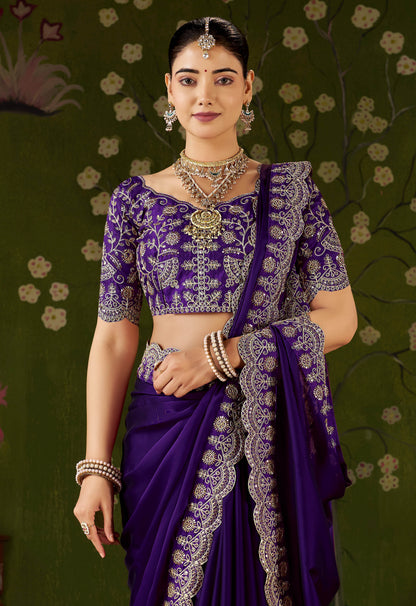 Violet Rangoli Silk Saree with Embroidered Designer Blouse Piece