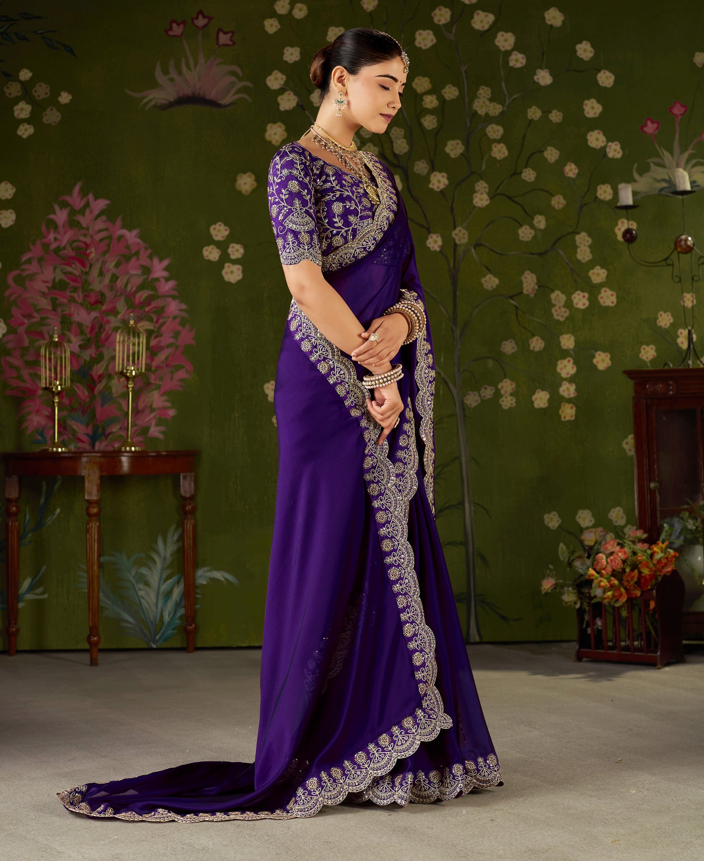 Violet Rangoli Silk Saree with Embroidered Designer Blouse Piece