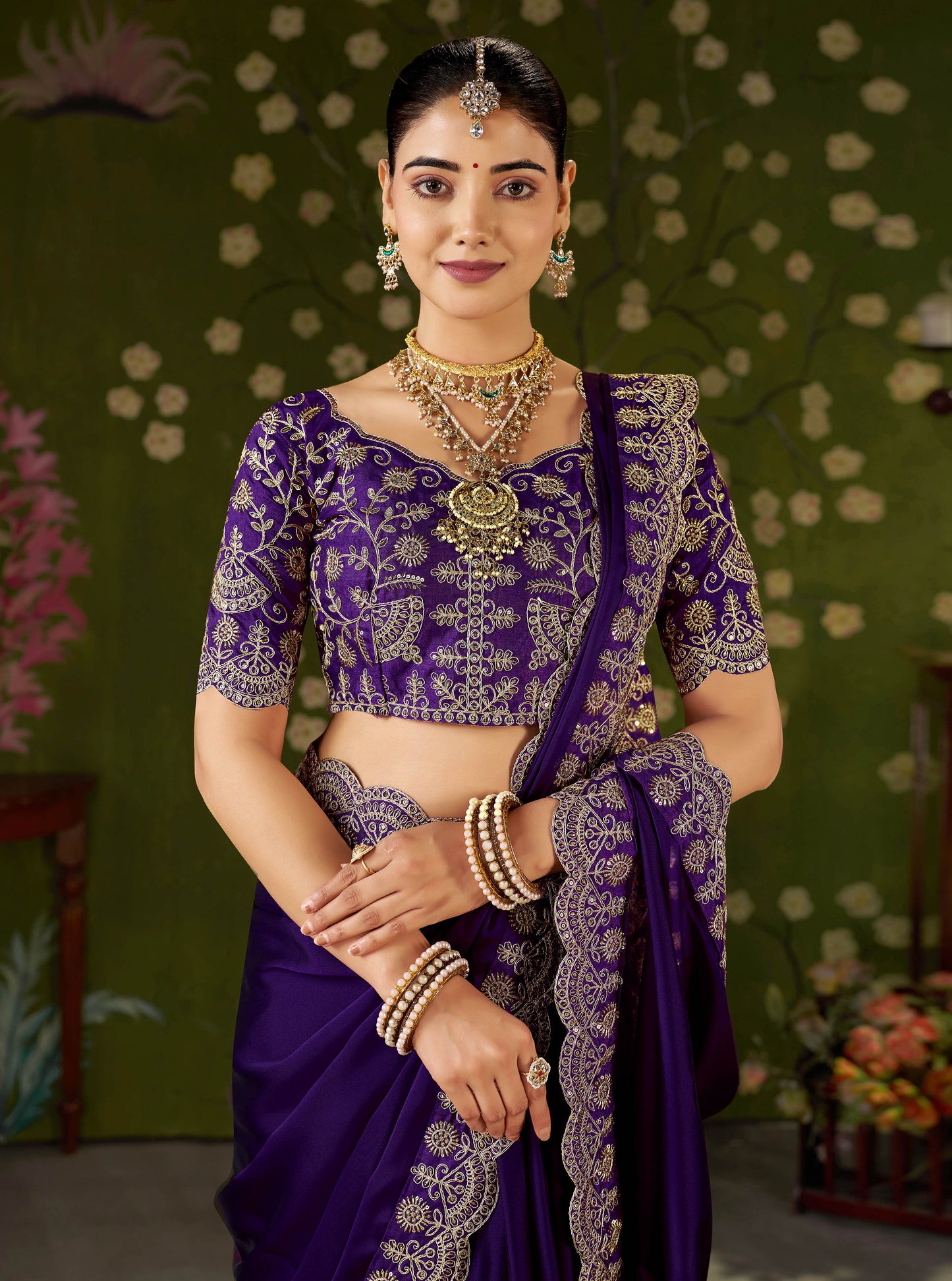 Violet Rangoli Silk Saree with Embroidered Designer Blouse Piece