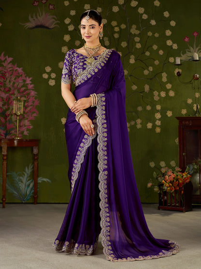 Violet Rangoli Silk Saree with Embroidered Designer Blouse Piece