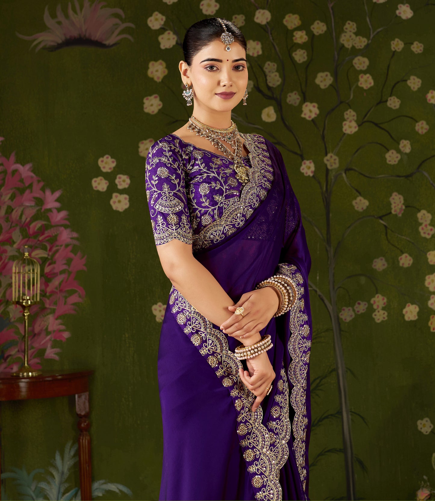 Violet Rangoli Silk Saree with Embroidered Designer Blouse Piece