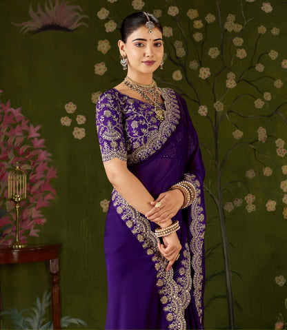 Violet Rangoli Silk Saree with Embroidered Designer Blouse Piece