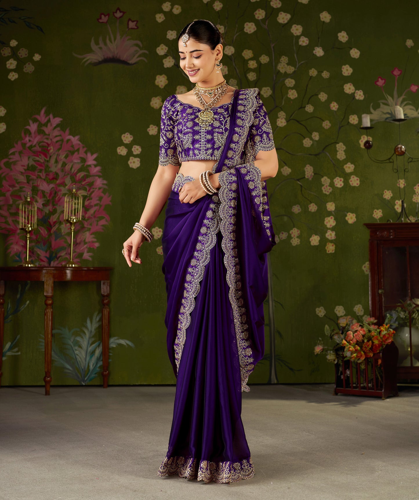 Violet Rangoli Silk Saree with Embroidered Designer Blouse Piece
