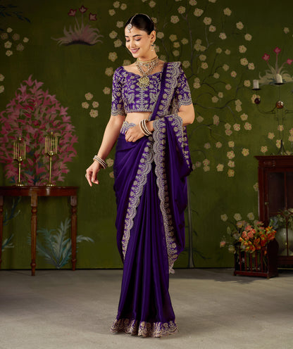 Violet Rangoli Silk Saree with Embroidered Designer Blouse Piece