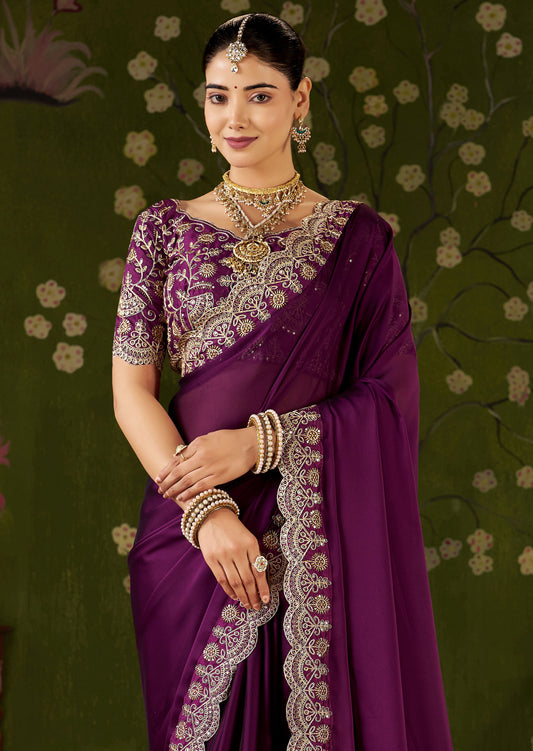 Wine Rangoli Silk Saree with Embroidered Designer Blouse Piece